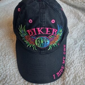 Biker Babe Adult OS Black Cap Colorful Embroidery "I Ride my Own". Adjustable